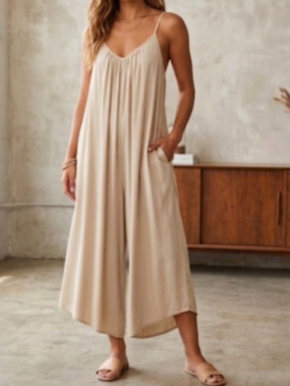 Hunter & Button Relaxed Wide Leg Spaghetti Strap Jumpsuit In Beige Size XL